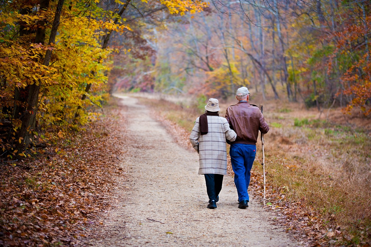 Elderly couple walking down a dirt path in a park